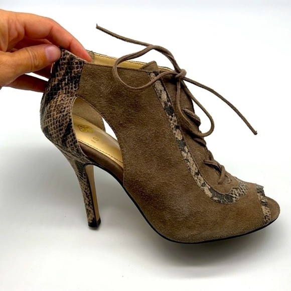Isola - Gray Suede With Snakeskin Leather Open Toe Lace Up Heels Size 6.5 - Picture 6 of 14